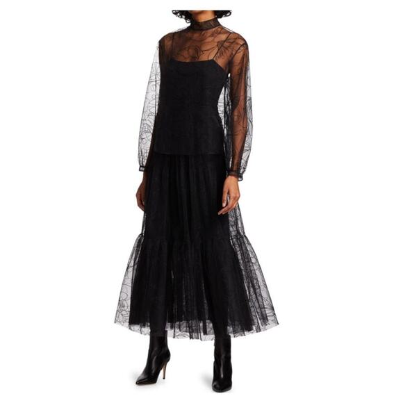 Akris Punto Sashiko Flower Embroidered Lace Tulle Maxi Skirt Black Plus Size 16 - Picture 13 of 16